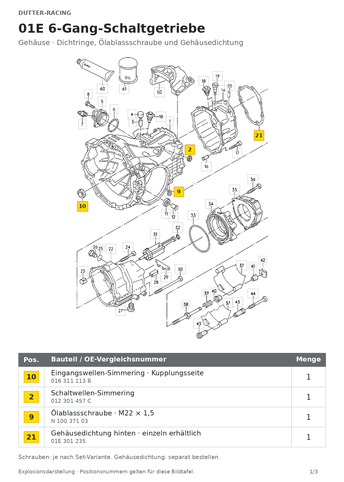 Audi 01E 6-Gang-Schaltgetriebe – Simmering-Set